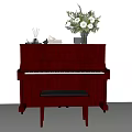 Brown Wooden Piano Musical Instrument With Art Supplies Vase Books Decor And Stool