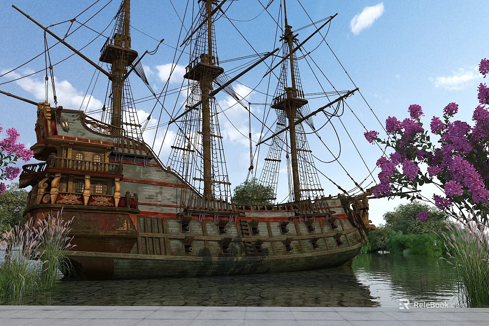 Ancient Sailing Ship In Waterfront Garden Landscape With Purple Flowers And Green Plants 3d model 