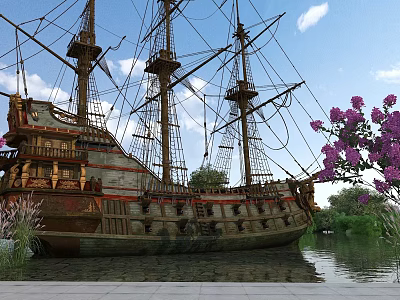 Ancient Sailing Ship In Waterfront Garden Landscape With Purple Flowers And Green Plants 3d model