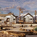 Scenic Desert Campsite With White Tents Palm Trees And Outdoor Lanterns