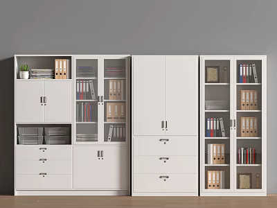 White Storage Cabinets With Glass Doors Drawers Folders And Small Plant 3d model