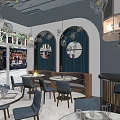 Elegant Restaurant Interior With Bar Counter Wine Bottles Bowls On Shelves And Blue Bar Stools