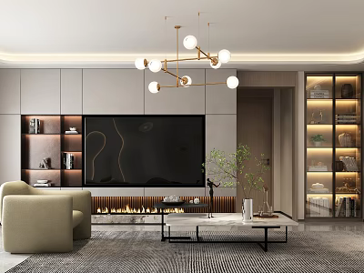 Modern Living Room Interior Design With TV Wall Fireplace Beige Sofa And Chandelier 3d model