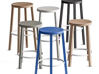 Stylish Bar Stools In Various Colors With Wooden Legs And Metal Rings 3d model
