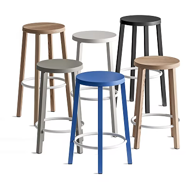 Stylish Bar Stools In Various Colors With Wooden Legs And Metal Rings 3d model