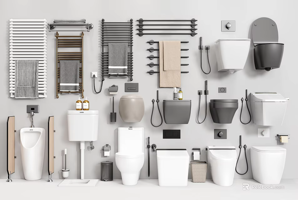 Comprehensive Bathroom Combination With Toilets Sinks Urinal Towel Racks Faucets And Accessories 3d model 