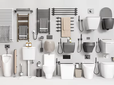 Comprehensive Bathroom Combination With Toilets Sinks Urinal Towel Racks Faucets And Accessories 3d model