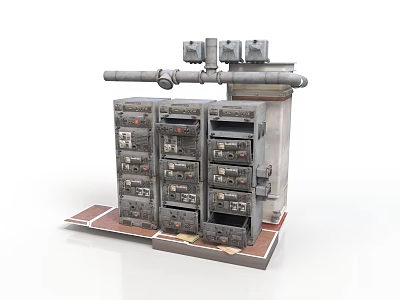 Vintage Industrial Mechanical Device With Multiple Control Panels And Tubular Structure 3d model