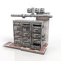 Vintage Industrial Mechanical Device With Multiple Control Panels And Tubular Structure