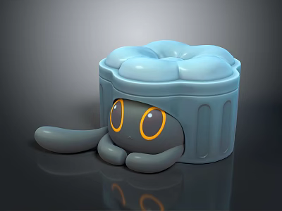 Cute Cartoon Character Creature With Gray Body Yellow Eyes And Light Blue Cloud Shaped Lid 3d model