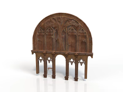 Gothic Style Wooden Sculpture With Arched Top Intricate Carvings And Decorative Columns 3d model
