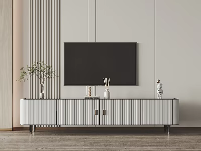 Modern Striped TV Stand With Black TV Vase And Decor On Wooden Floor 3d model