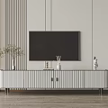Modern Striped TV Stand With Black TV Vase And Decor On Wooden Floor