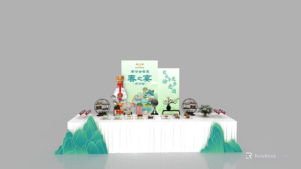 Traditional Chinese Tea Break Area With Tea Sets Mountain Shaped Decor And Green Plants 3d model 