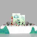 Traditional Chinese Tea Break Area With Tea Sets Mountain Shaped Decor And Green Plants