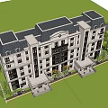 European Style Multi Story Apartment Building With Gray Roof Dark Balconies And White Exterior