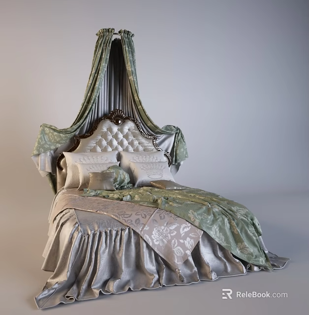 Luxurious Double Bed with Ornate Headboard Canopy Drapes Green And Beige Patterned Bedding 3d model
