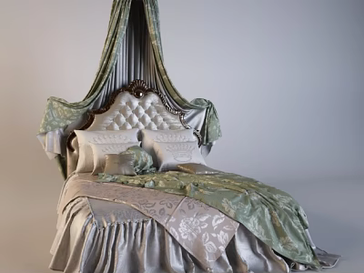 Luxurious Double Bed with Ornate Headboard Canopy Drapes Green And Beige Patterned Bedding 3d model