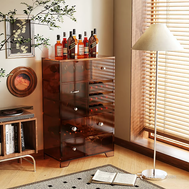 Wooden Wine Cabinet with Drawers Bottles on Top Near Window Lamp Plant and Decorative Painting 3d model 