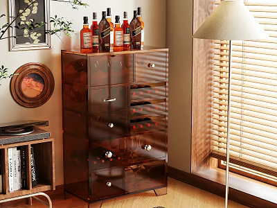 Wooden Wine Cabinet with Drawers Bottles on Top Near Window Lamp Plant and Decorative Painting 3d model