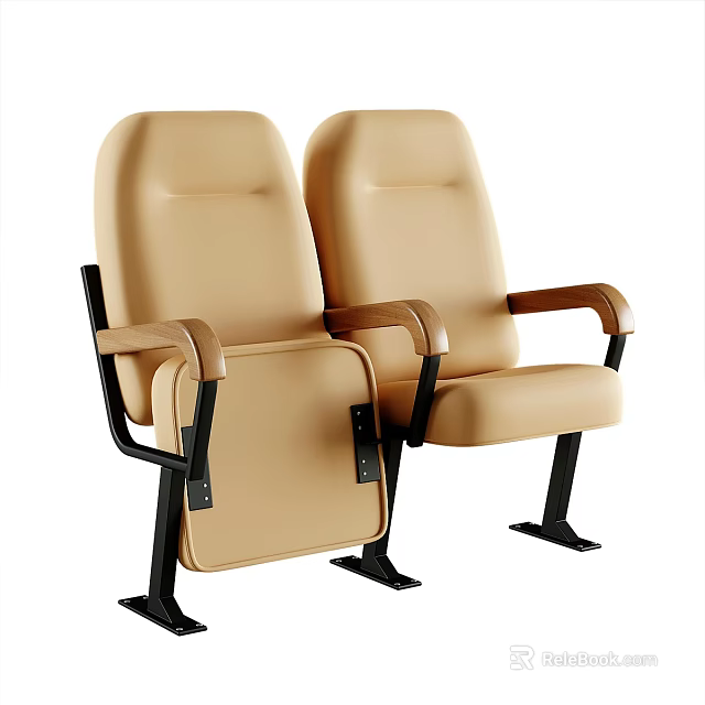 Beige Leather Public Chairs Side By Side With Wooden Armrests And Black Metal Frame 3d model 