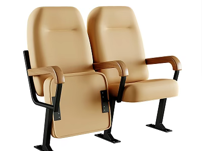 Beige Leather Public Chairs Side By Side With Wooden Armrests And Black Metal Frame 3d model
