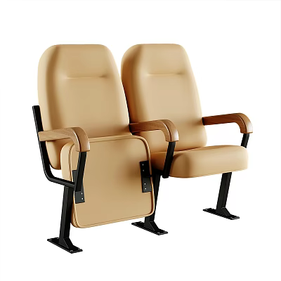 Beige Leather Public Chairs Side By Side With Wooden Armrests And Black Metal Frame 3d model