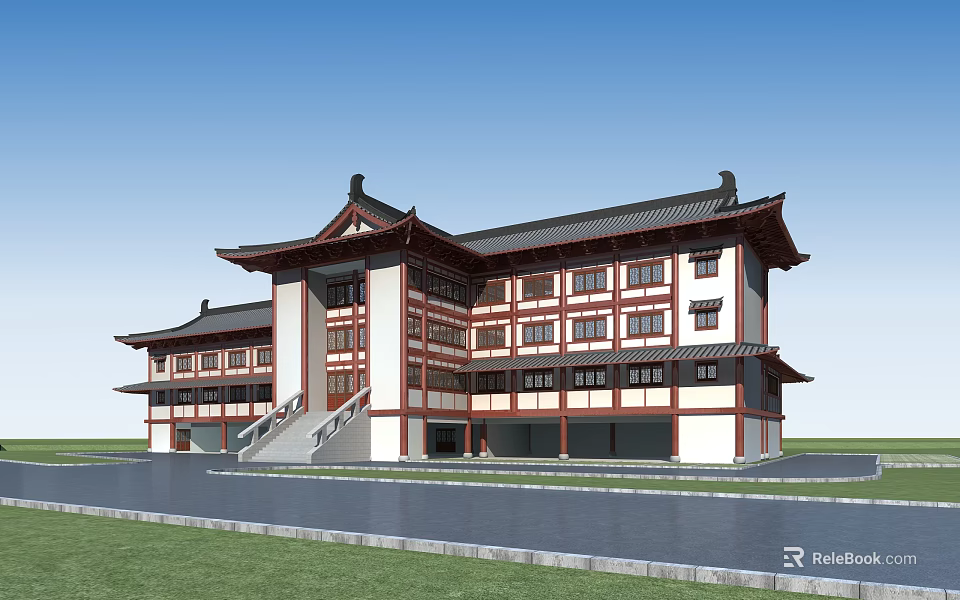 Traditional Chinese Ancient Building with Overhanging Eaves Red Pillars White Walls Stone Steps and Road 3d model 