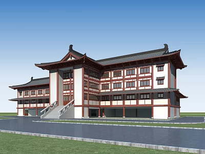 Traditional Chinese Ancient Building with Overhanging Eaves Red Pillars White Walls Stone Steps and Road 3d model