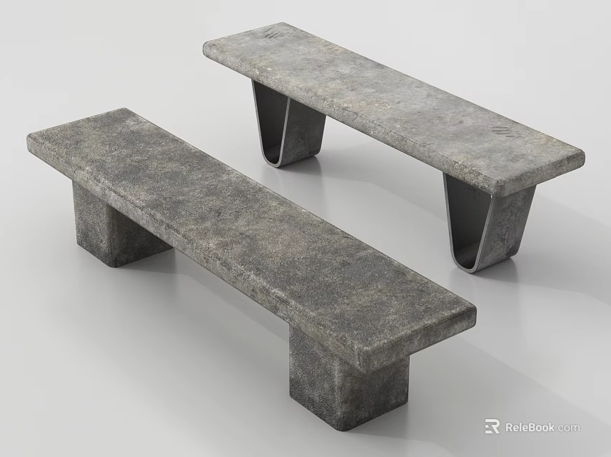 Modern Gray Concrete Benches Design With Textured Surface And Geometric Legs 3d model 