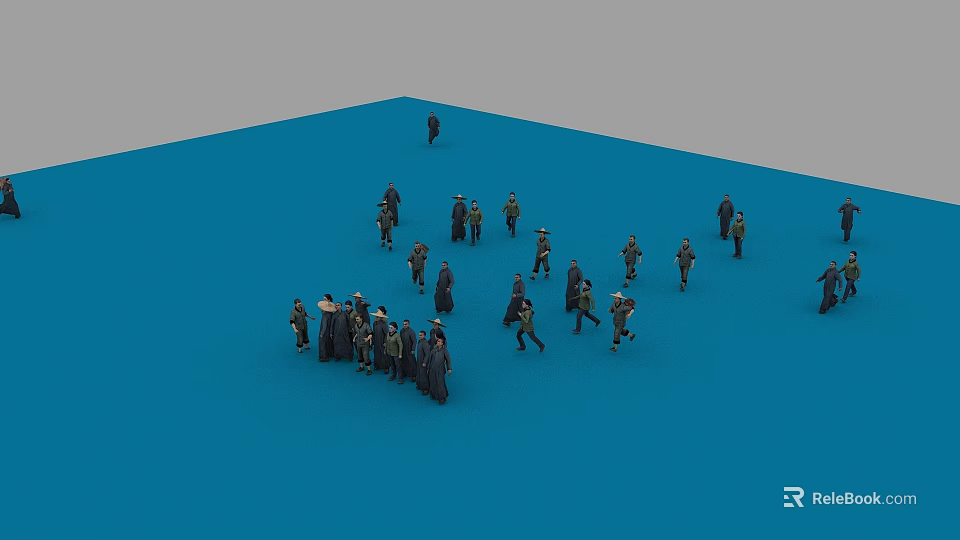 Game Movie Characters As Small Figure Models Gathered On Blue Platform Standing And Walking 3d model 