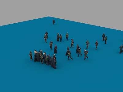 Game Movie Characters As Small Figure Models Gathered On Blue Platform Standing And Walking 3d model