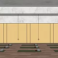 Yoga Studio Fitness Space With Skylight Ceiling Wooden Floors And Hanging Lights For Yoga Practice