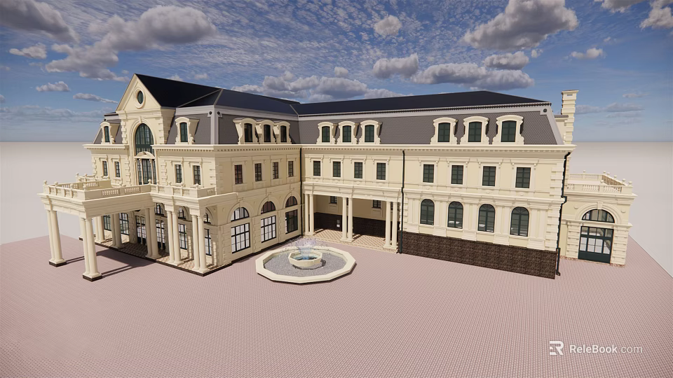 European Style Semi Detached Villa With Symmetrical Design And Central Fountain 3d model 