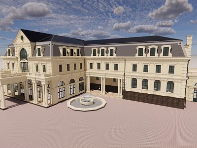 European Style Semi Detached Villa With Symmetrical Design And Central Fountain 3d model