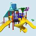 Colorful Outdoor Playground Equipment with Slides Climbing Structures Rotating Wheels and Green Plant Decorations