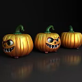 Golden Pumpkin Decorative Ornament Set With Cartoon Faces On Black Background