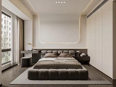 Modern Bedroom Interior With Large Bed White Accent Wall Bed Bench And Dark Wood Flooring 3d model