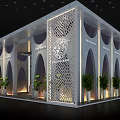 Modern Exhibition Booth Design With Lattice Panels Arched Structures And Potted Plants