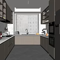 Modern Kitchen Interior With Gray Cabinets White Marble Countertops Built In Appliances And Window Blinds