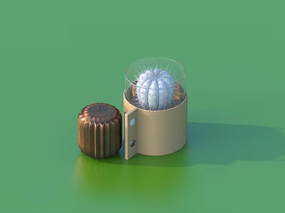 White Cactus Sculpture in Brown Box with Glass Dome and Copper Lid on Green Background 3d model
