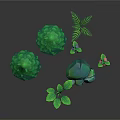 Cartoon Scene With Green Trees Small Ferns Colorful Stones And Pink Flowers