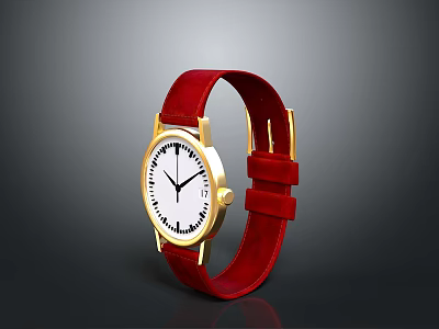 Luxury Gold Case Watch With Red Leather Strap And White Dial 3d model