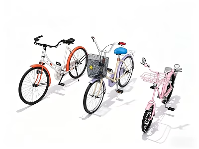 Three Stylish Bikes In White Orange Blue And Pink With Front Baskets And Seats 3d model