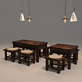 Dark Wooden Dining Table Set With Stools Round Cushions And Hanging Lights 3d model