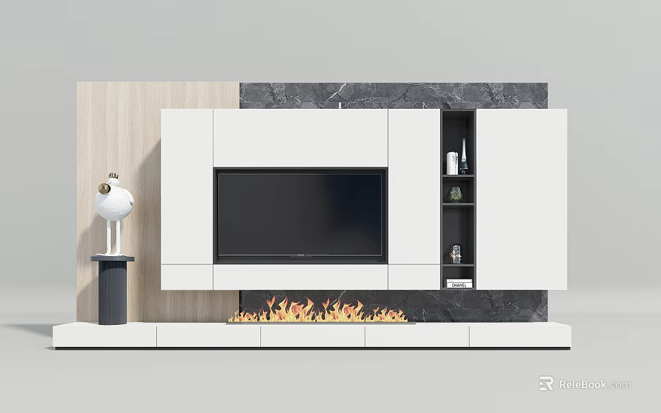 Elegant Modern TV Cabinet with White Cabinets Marble Backdrop and Fireplace 3d model 