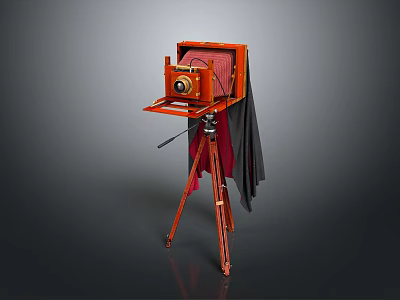 Vintage Wooden Camera with Red Tripod and Black Cloth Cover 3d model