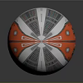 Red And Silver Mechanical Sphere With Grill Panels Circular Windows And Warning Stripes