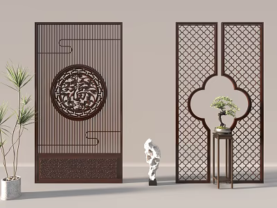 Traditional Chinese Wooden Partition Screens With Carved Patterns Lattice Design And Decorative Green Plant 3d model