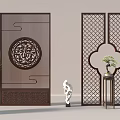 Traditional Chinese Wooden Partition Screens With Carved Patterns Lattice Design And Decorative Green Plant